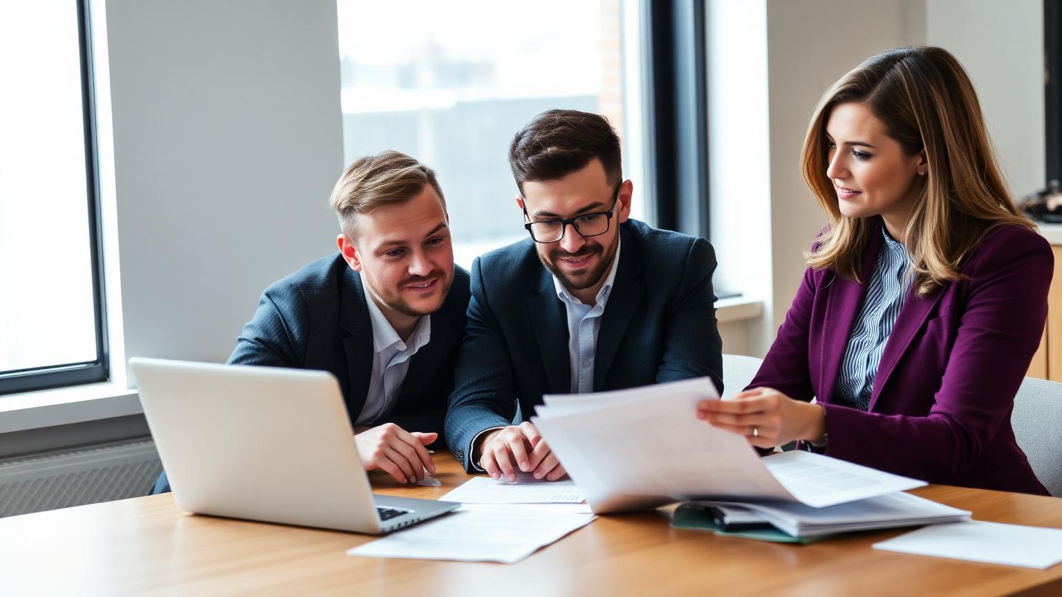 Small UK business team reviewing tender documents together at a table in natural office light