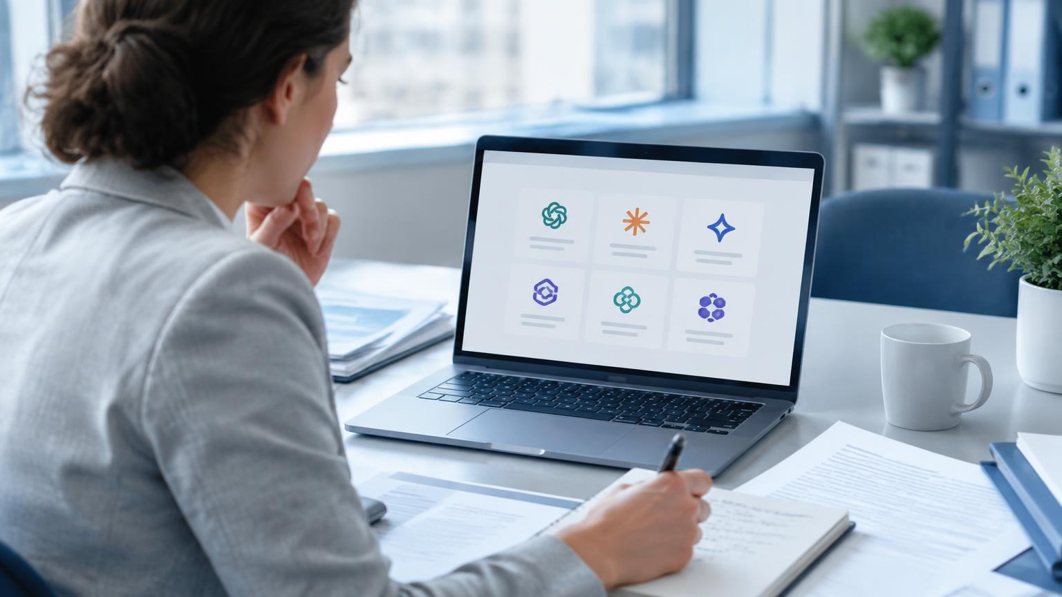 Business owner at a laptop comparing AI assistant options while reviewing tender documents on a desk