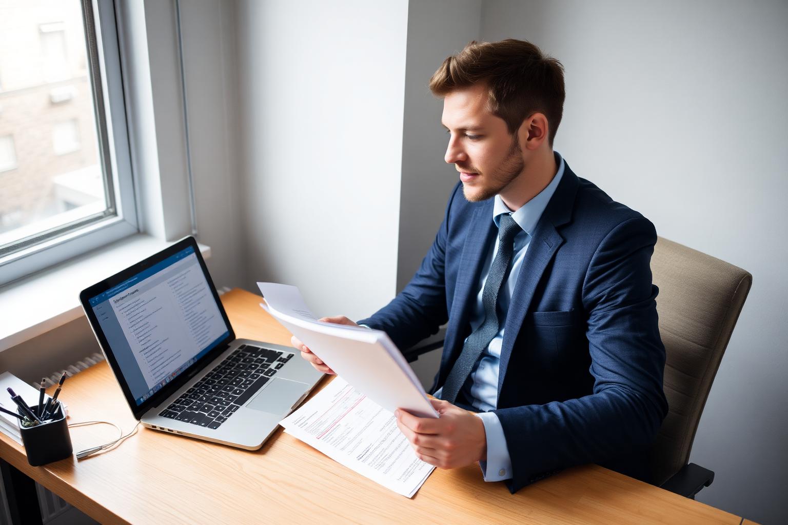 Business owner at a desk reviewing printed tender documents beside a laptop showing published contract opportunities