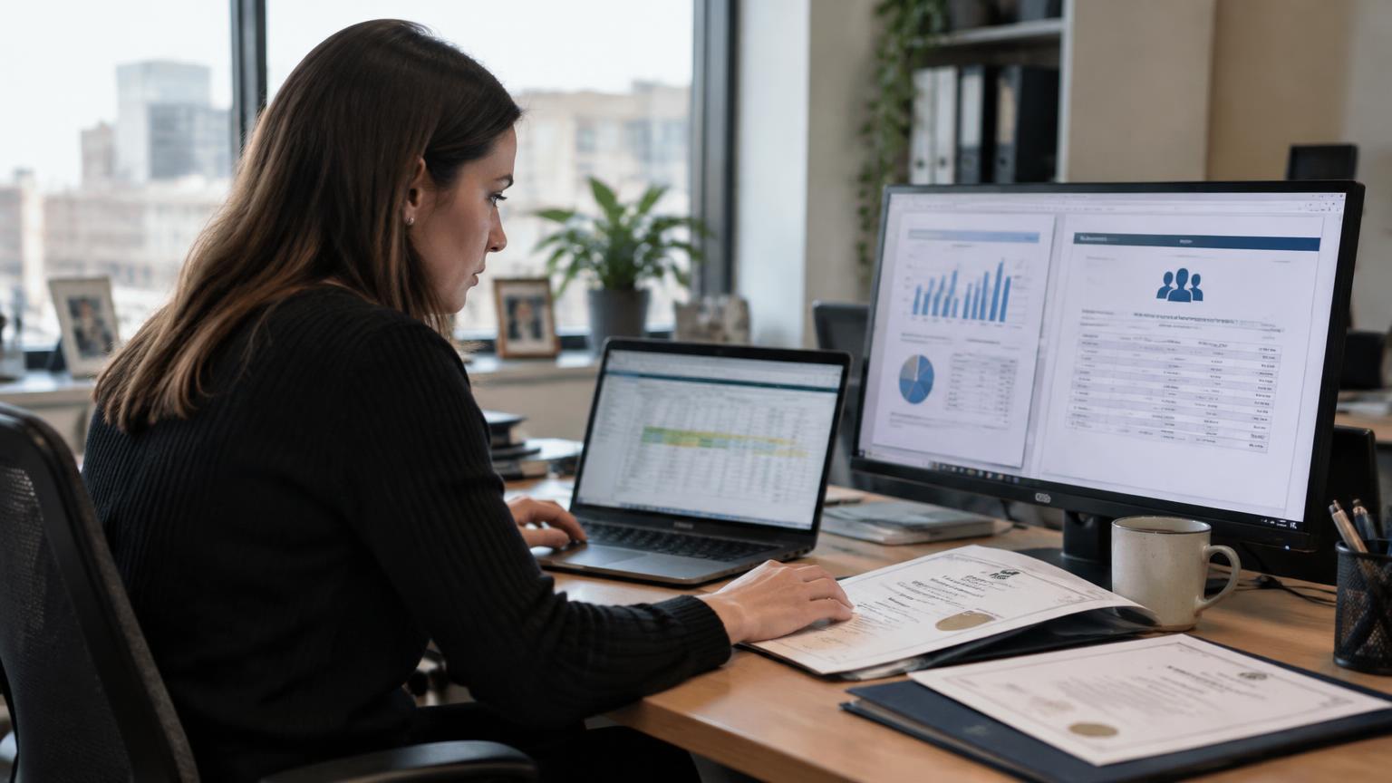 Office worker comparing a finance report and an HR report on a monitor while filling in a spreadsheet on a laptop, with certificates on the desk