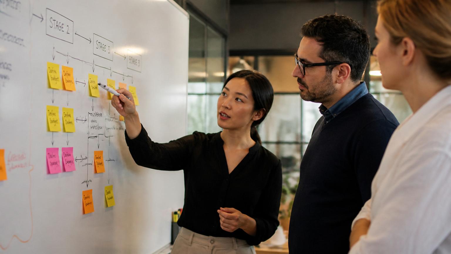 Small business team planning a project at a whiteboard with sticky notes and stage diagrams in natural office light