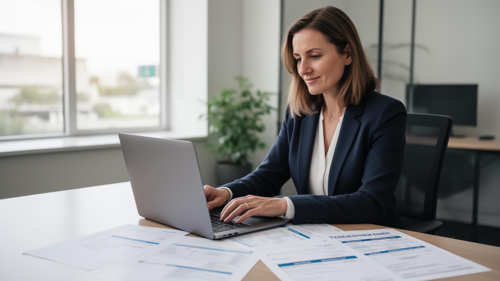 Small business owner reviewing a tender document at a laptop in natural light